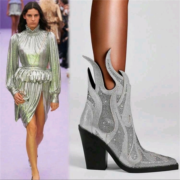 NEW RHINESTONE COWGIRL BOOTS SPARKLY POINTED TOE BLOCK HEEL ANKLE BOOTIES - Picture 5 of 6